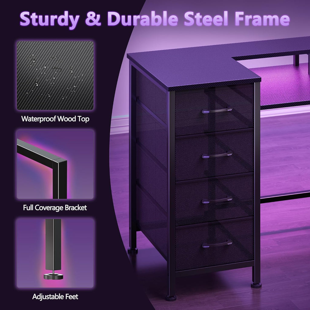 47 Inch Computer Gaming Desk with Power Outlets & LED Lights Reversible Home Office Desk with Adjustable 5 Fabric
