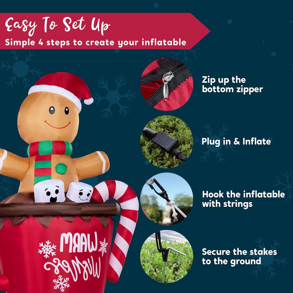 6 FT Christmas Inflatables Gingerbread Outdoor Decorations, Gingerbread Man in Hot Cocoa Mug with LEDs, Cute