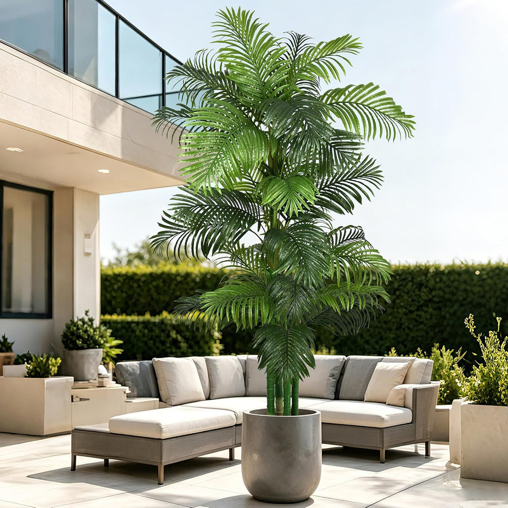 8FT Artificial Palm Tree, Tall Faux Tropical Floor Plant Indoor with Realistic Palm Leaves Fake Areca Trees with Pot