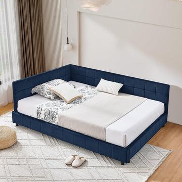 Full Size Daybed L-Shaped, Modern Velvet Upholstered Sofa Day Bed Frame with Wood Slats Bedroom Guest Room, No Box