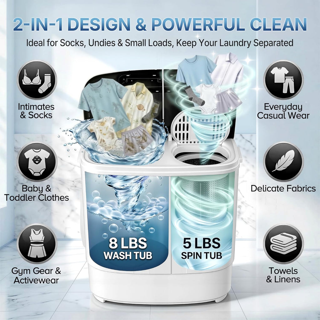 Compact Mini Twin Tub Washing Machine 13lbs Capacity Portable Washer Wash and Spin Cycle Combo, Built-in Gravity Drain