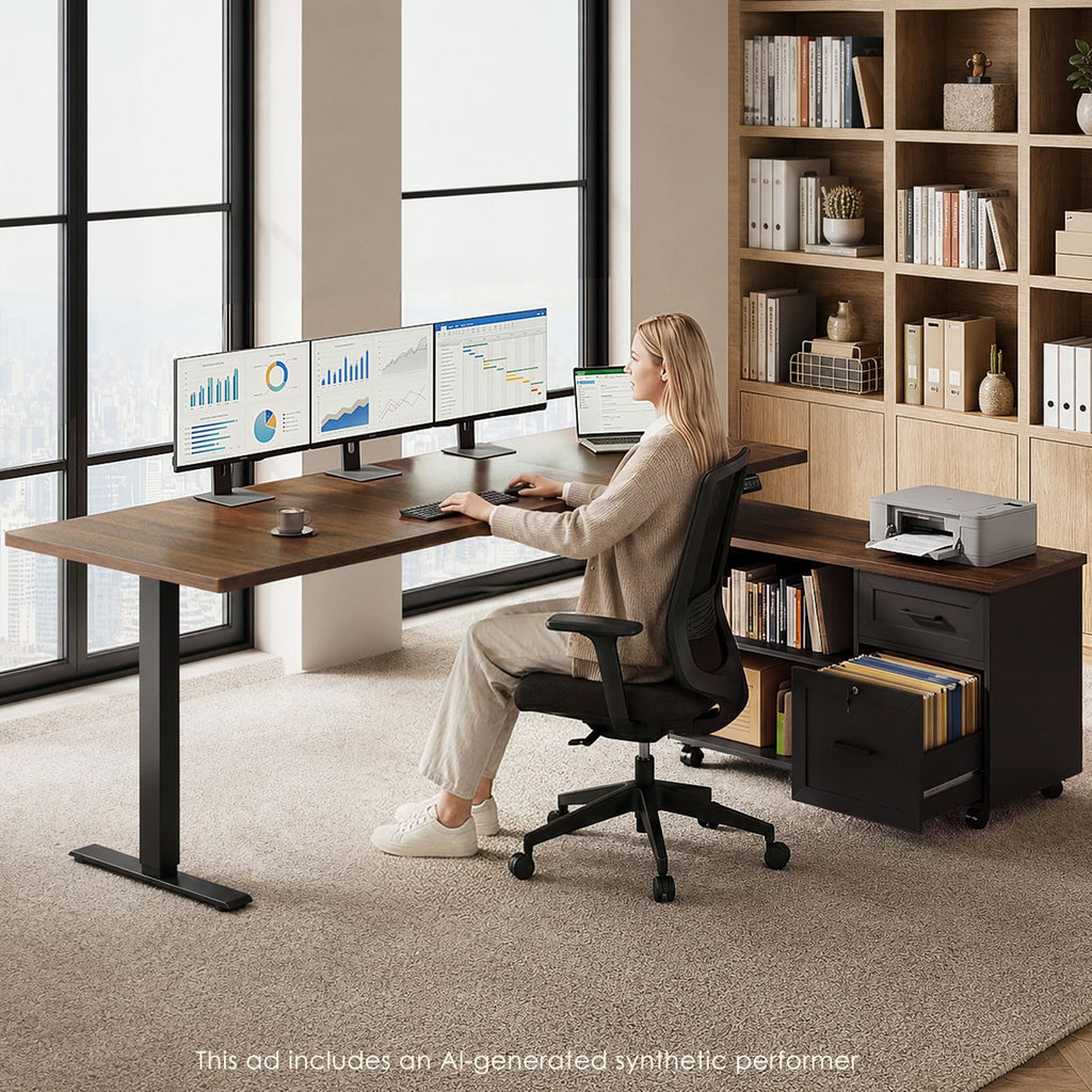 71" L Shaped Electric Standing Desk with Cabinet Sets, Walnut/Black
