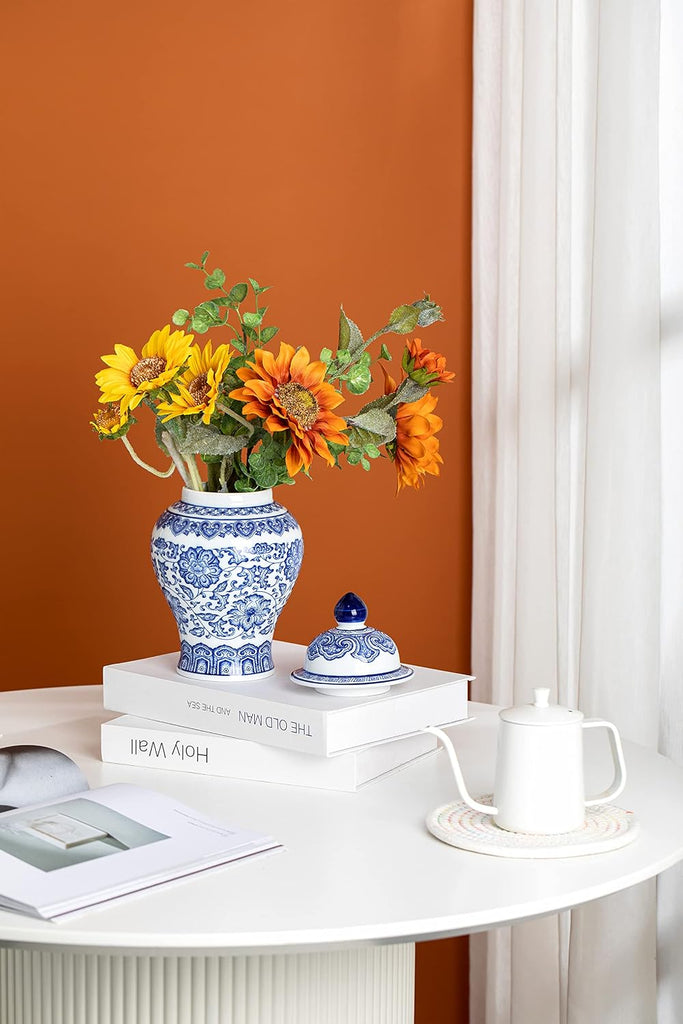 Blue and White Ginger Jar, Ceramic Chinoiserie Decorative Jars, Flower Vase Pocelain, Glossy Vase for Table, Living