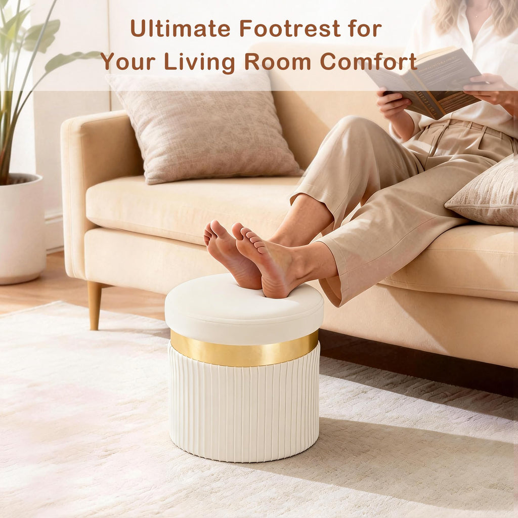 Small Ottoman with Storage, Folding Round Ottoman with Gold Trim, Velvet Storage Stool, Foot Stool with Soft Padded, Foot