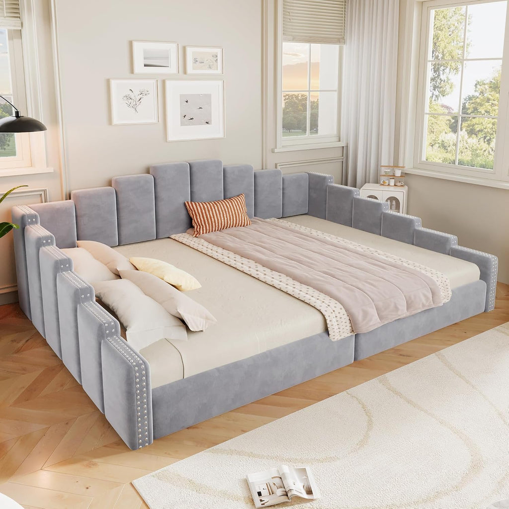 Upholstered Queen Size Daybed with Nailhead Trim, Velvet Platform Bed Frame, No Box Spring Needed, Gray | Velvet