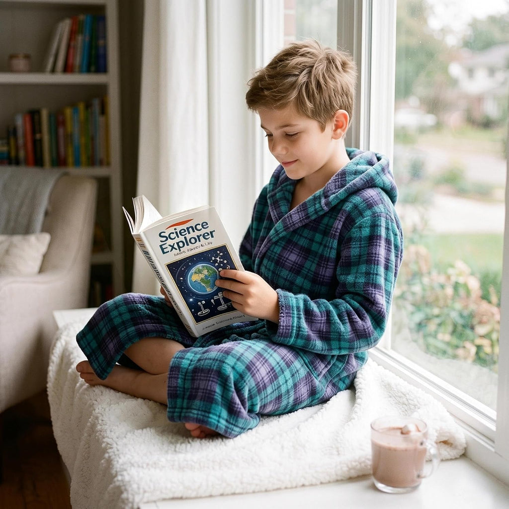 Boys Fleece Hooded Robe, Soft Print Bathrobe Kids 5-14(Green Plaid13-14)