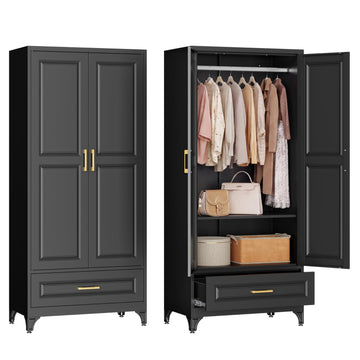 71" Tall Wardrobe Closet with Doors and Adjustable Shelves, Black