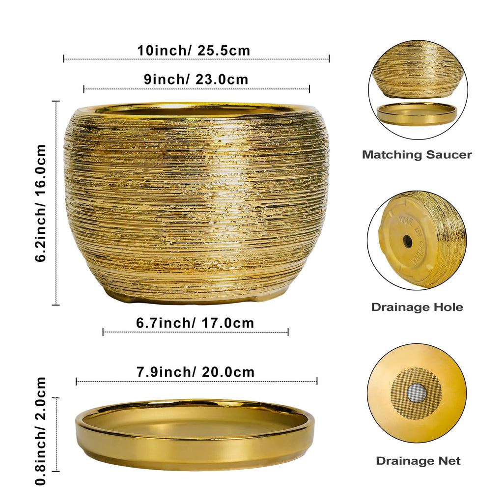 Ceramic Planter for Indoor Plants - 10 Inch Plant Pot with Drainage Hole and Saucer, Modern Round Planter Outdoor