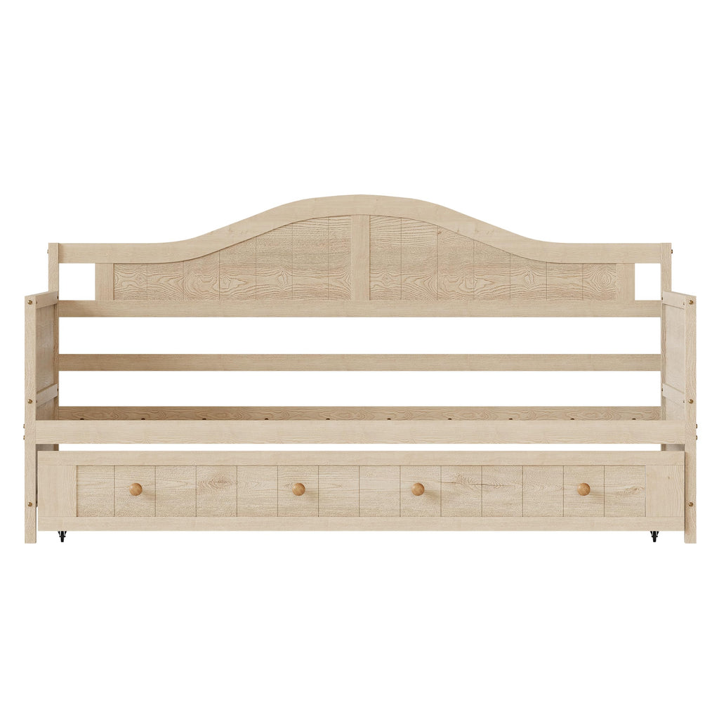 Twin Size Wood Daybed with Trundle, Mid-Century Modern Daybed with Curved Headboard, Twin Trundle Bed with Wood Slat