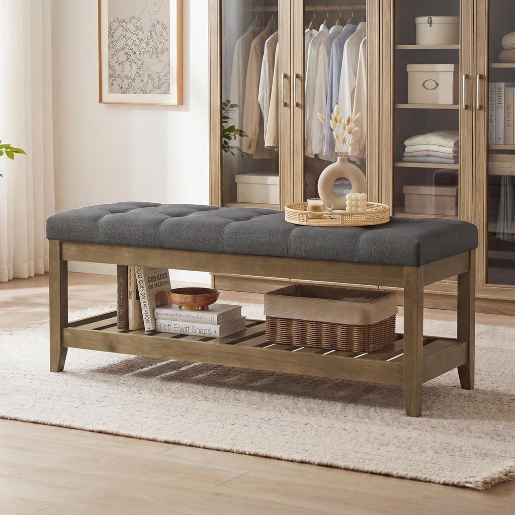Entryway Storage Bench with Solid Wood Frame, Console Table with Storage, Sofa Table, Ottoman with Tufted Cushion