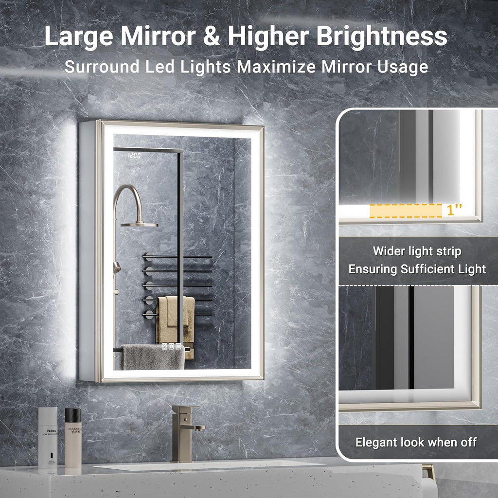 20x26 LED Medicine Mirror Cabinet, Beveled Brushed Nickel Frame | Lighted Aluminum Bathroom Cabinet, Surface or