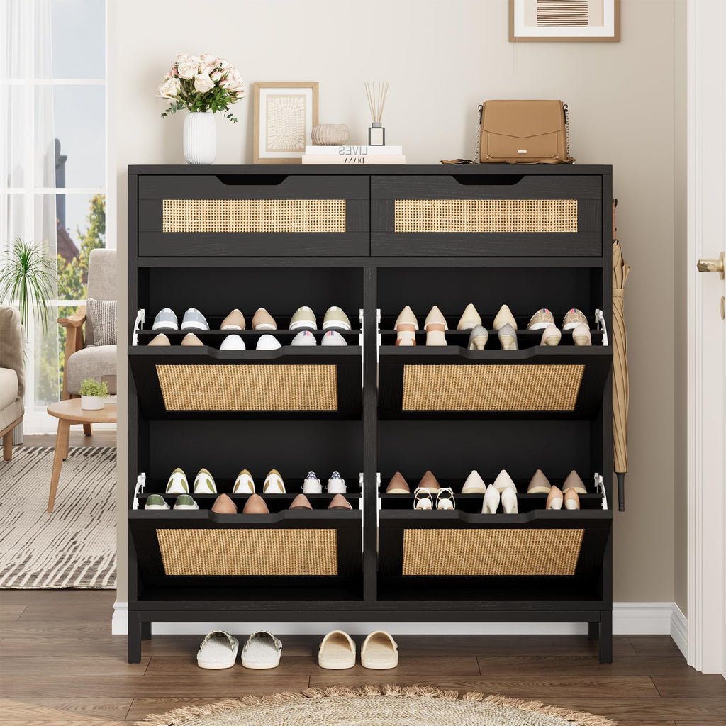 Rattan Shoe Cabinet, Boho Shoe Storage Cabinet with 4 Flip Drawers and 2 Drawers, Narrow Freestanding Shoe Rack with