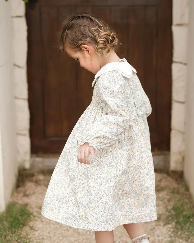 Toddler Baby Girl Smocked Dresses with Flower Collar|Floral Print Long Sleeve Ruffle Dress with Belt