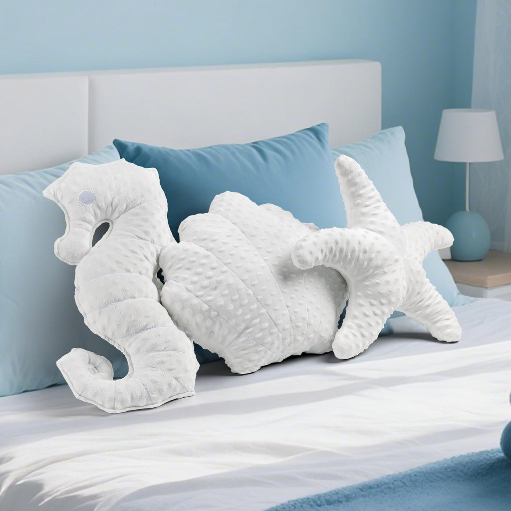 Coastal Throw Pillows Set of 3, Starfish Shell Seahorse Pillows, Beach Ocean Nautical Themed Smooth Soft Minky
