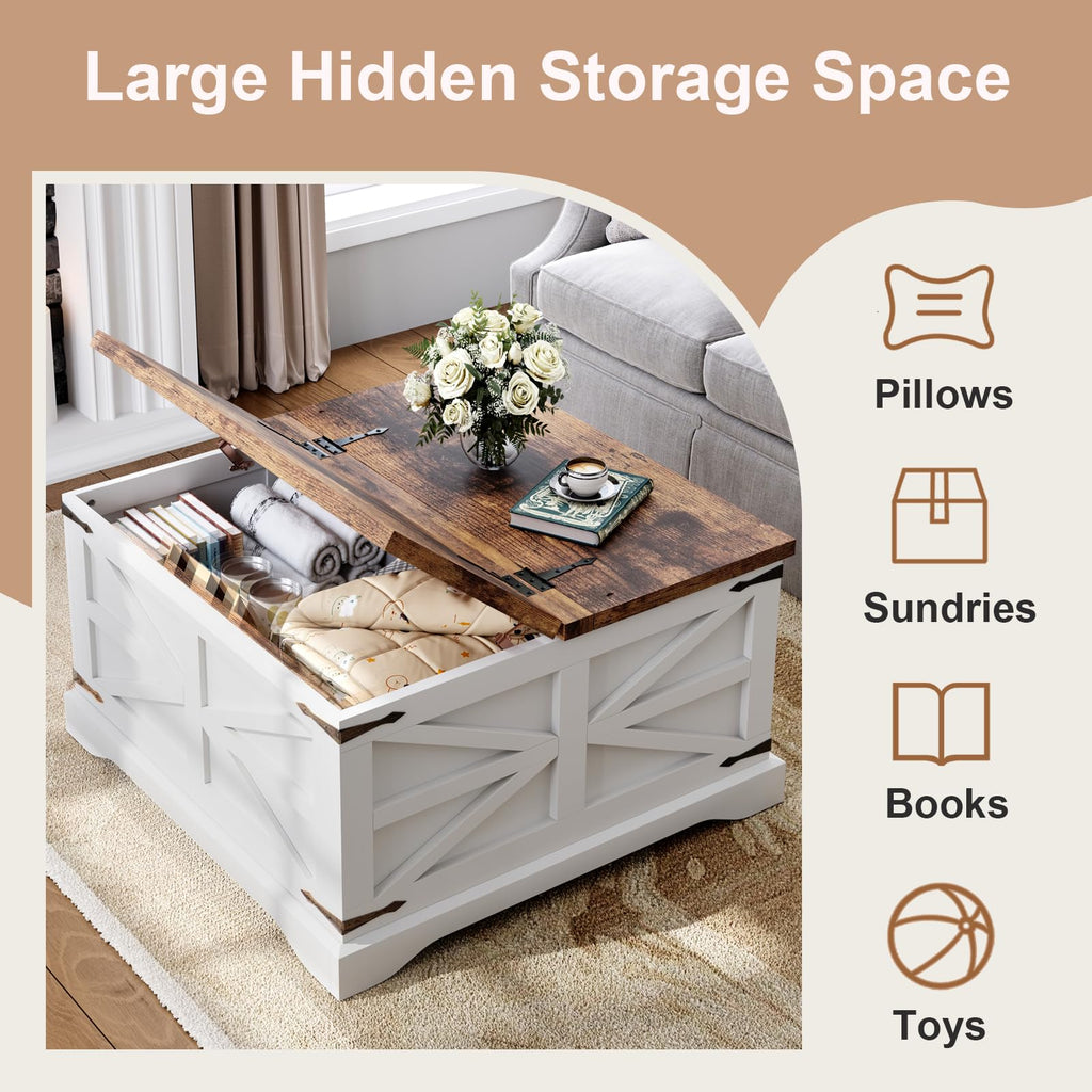 Farmhouse Coffee Table with Storage, Square Coffee Tables, Rustic Wood Center Table with Hinged Lifting Tabletop