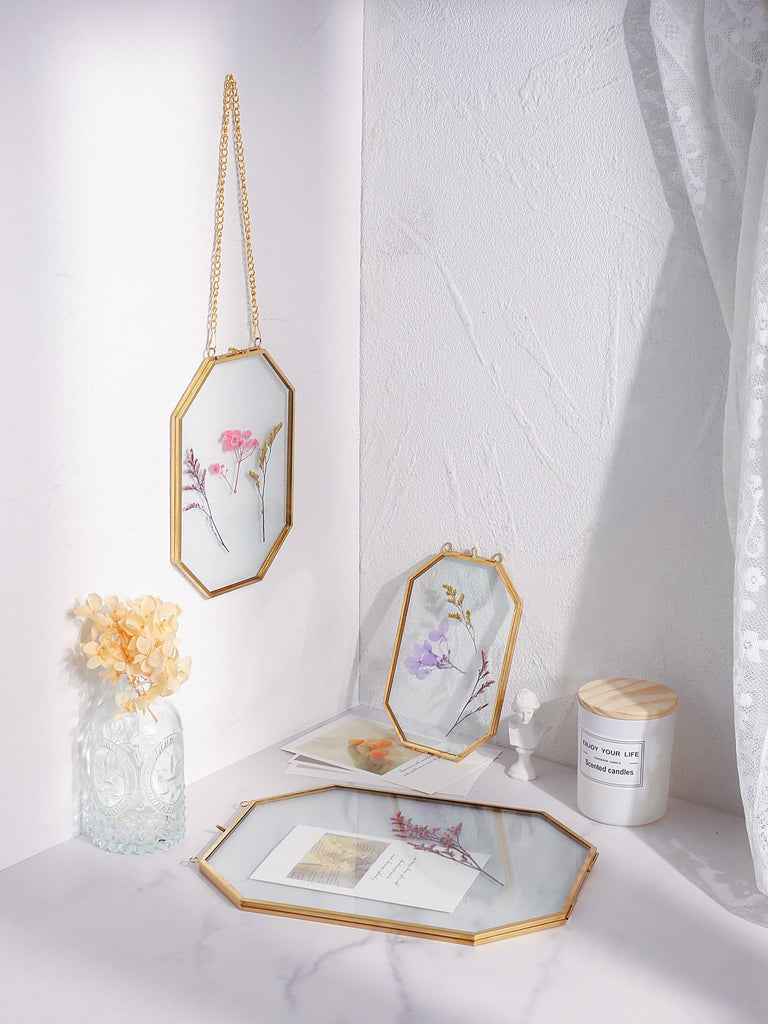 Pressed Flower Frames, Glass Floating Frames for Display Dried Plant Specimen Picture, Hanging Brass Photo Frame with