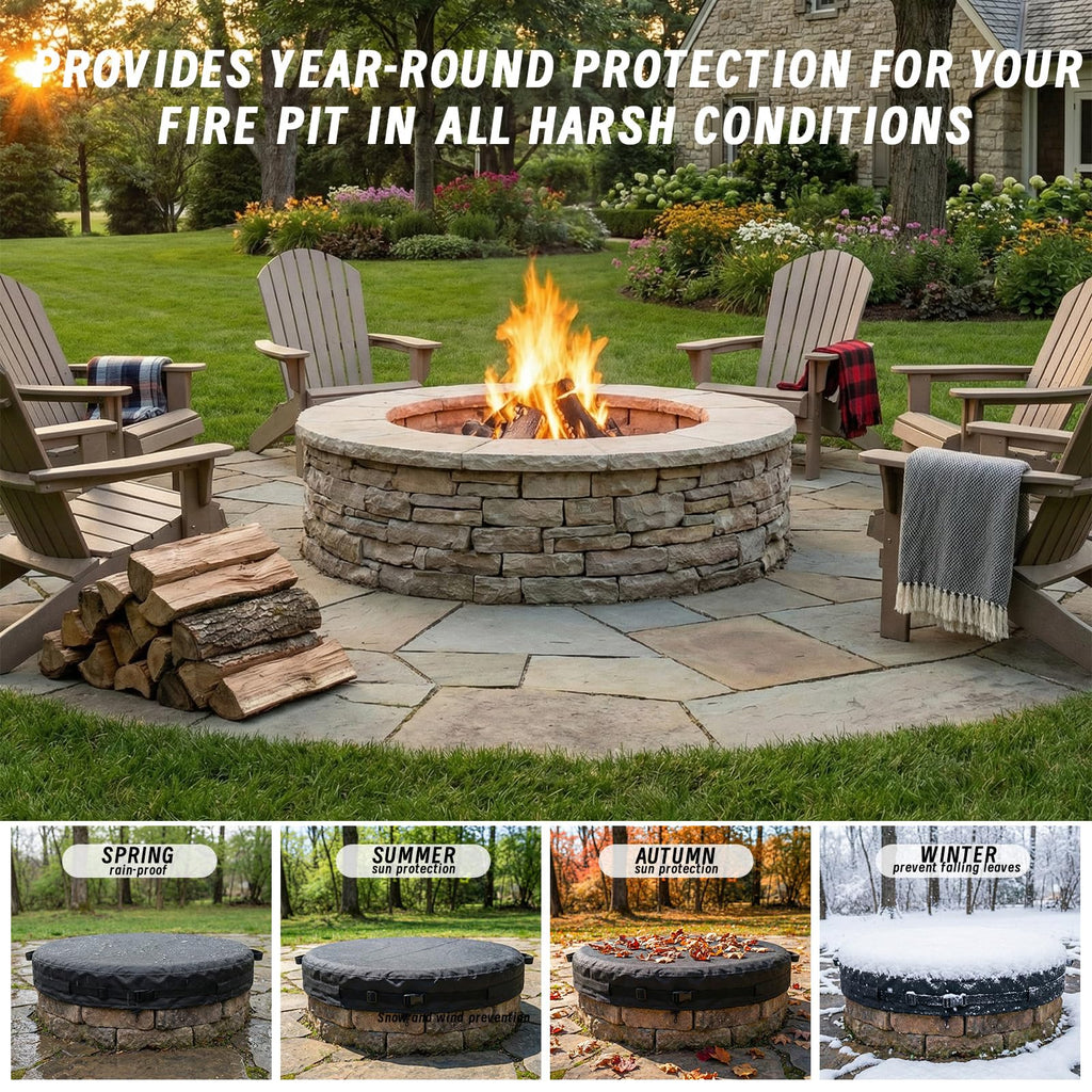 Outdoor Fire Pit Cover Round for In-Ground Fire Pits 61-66 Inch, 600D Oxford Waterproof Weather-Resistant Firepit
