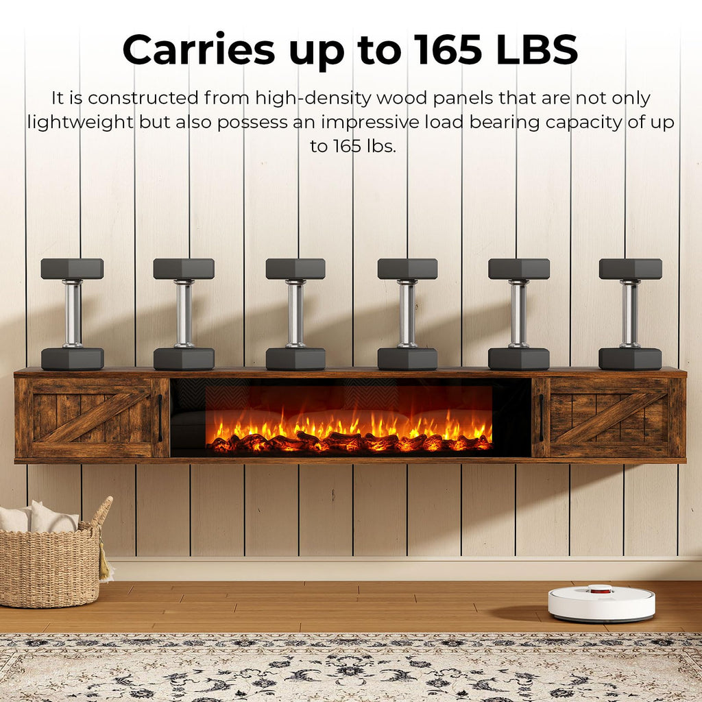 Floating TV Stand with 36" Electric Fireplace, 70" Farmhouse Entertainment Center for TVs Up to 80" Wall Mounted