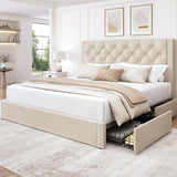Queen Bed Frame with 4 Storage Drawers and Tufted Headboard Linen Upholstered Platform Bed Frame with Heavy Duty Wood
