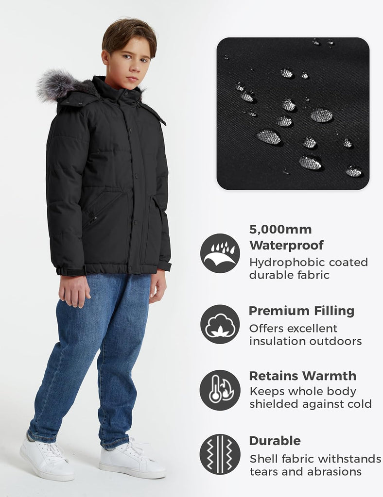 Boys' Winter Coat Waterproof Puffer Jacket with Detachable Hood