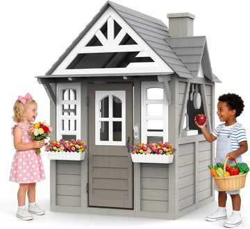 Kids Outdoor Cedar Playhouse, Weather-Resistant Gray Wooden Play House for Ages 3-8 with Play Kitchen, Working