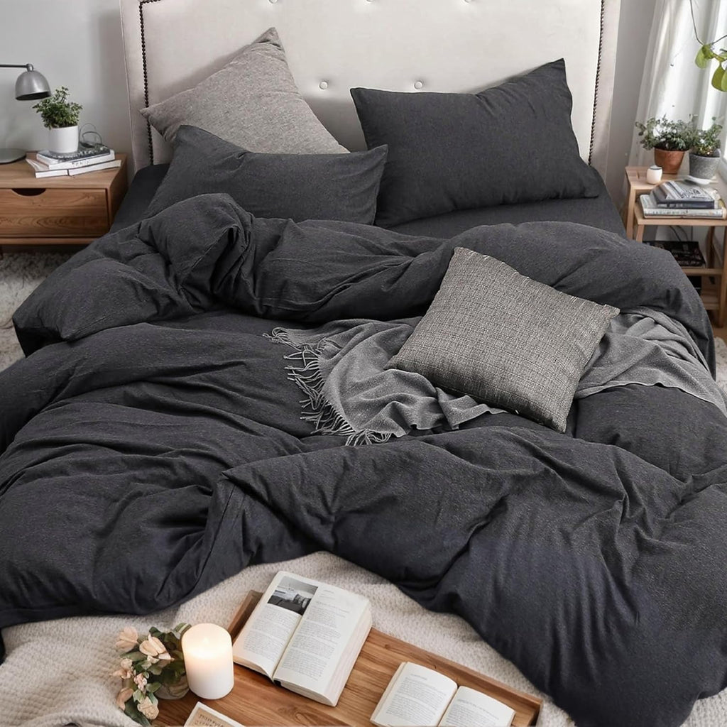 Knit Duvet Cover Set 100% T-Shirt Cotton Super Soft Comfy 3pc Bedding Set with Zipper Closure (Heather