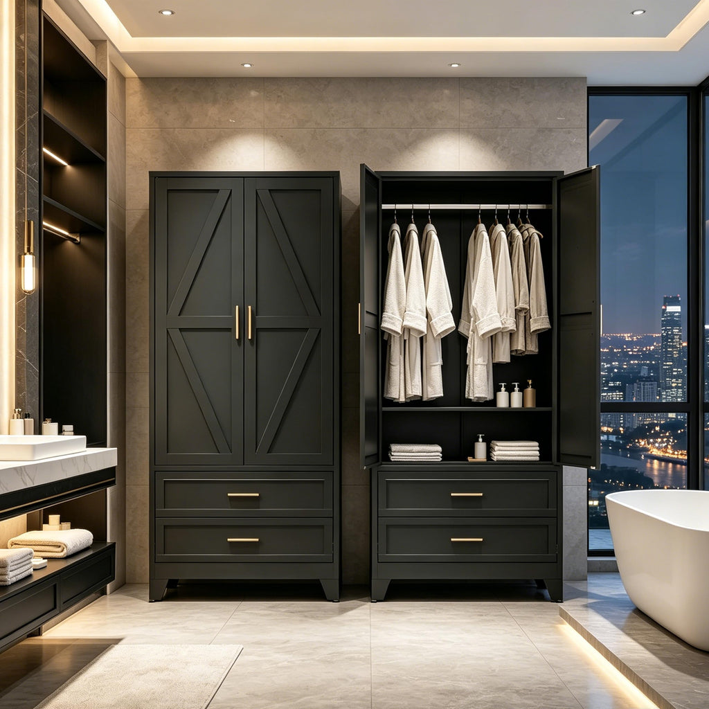 71" H Black Armoire Wardrobe Closet with Drawers, Metal Wardrobe Closet with Doors and Shelves, Tall Wardrobe Closet
