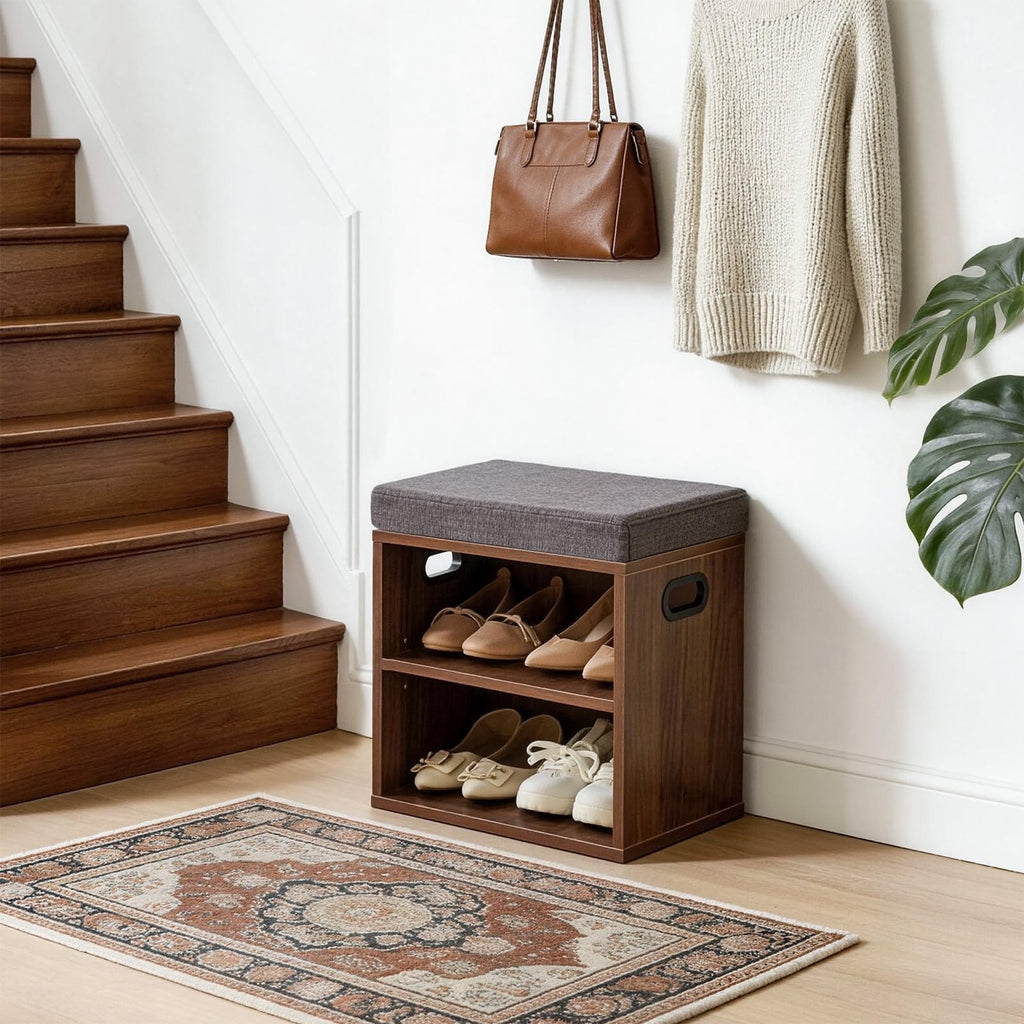 Small Shoe Storage Bench with Cushion, Light Walnut