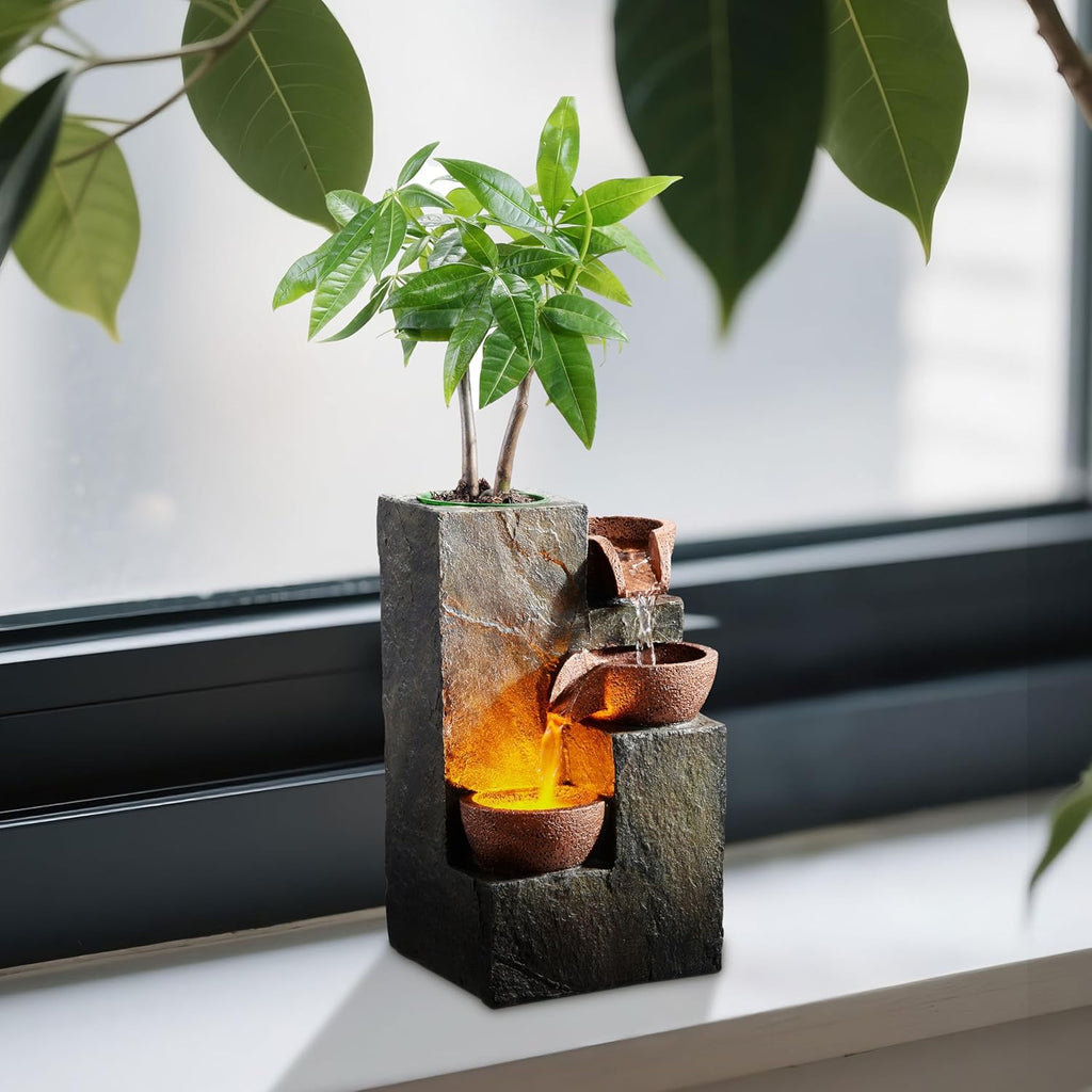 Tabletop Indoor Water Fountain - 3-Tier Rock Waterfall Fountain with Warm LED Light and DIY Planting Pot - Relaxing