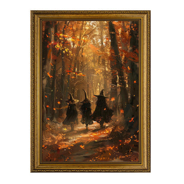 Vintage Halloween Witch Autumn Forest Framed Canvas Wall Art, 16x24 inch