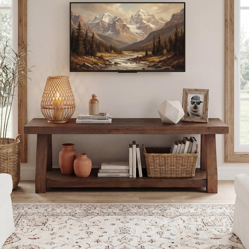 63" Solid Wood TV Stand, 2-Tier Media Console with Open Storage, Farmhouse Entertainment Center, Easy Assembly, Rich