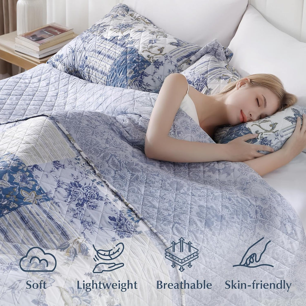 XL Queen Quilt Set 90"x96", Reversible Blue Floral Boho Queen Quilt Bedding Set, Lightweight Spring & Summer