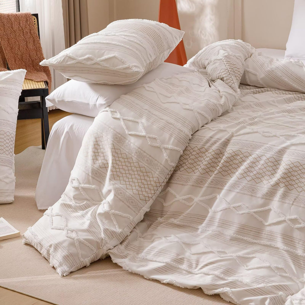 Tufted Comforter Set Queen Beige Jacquard Bedding Sets