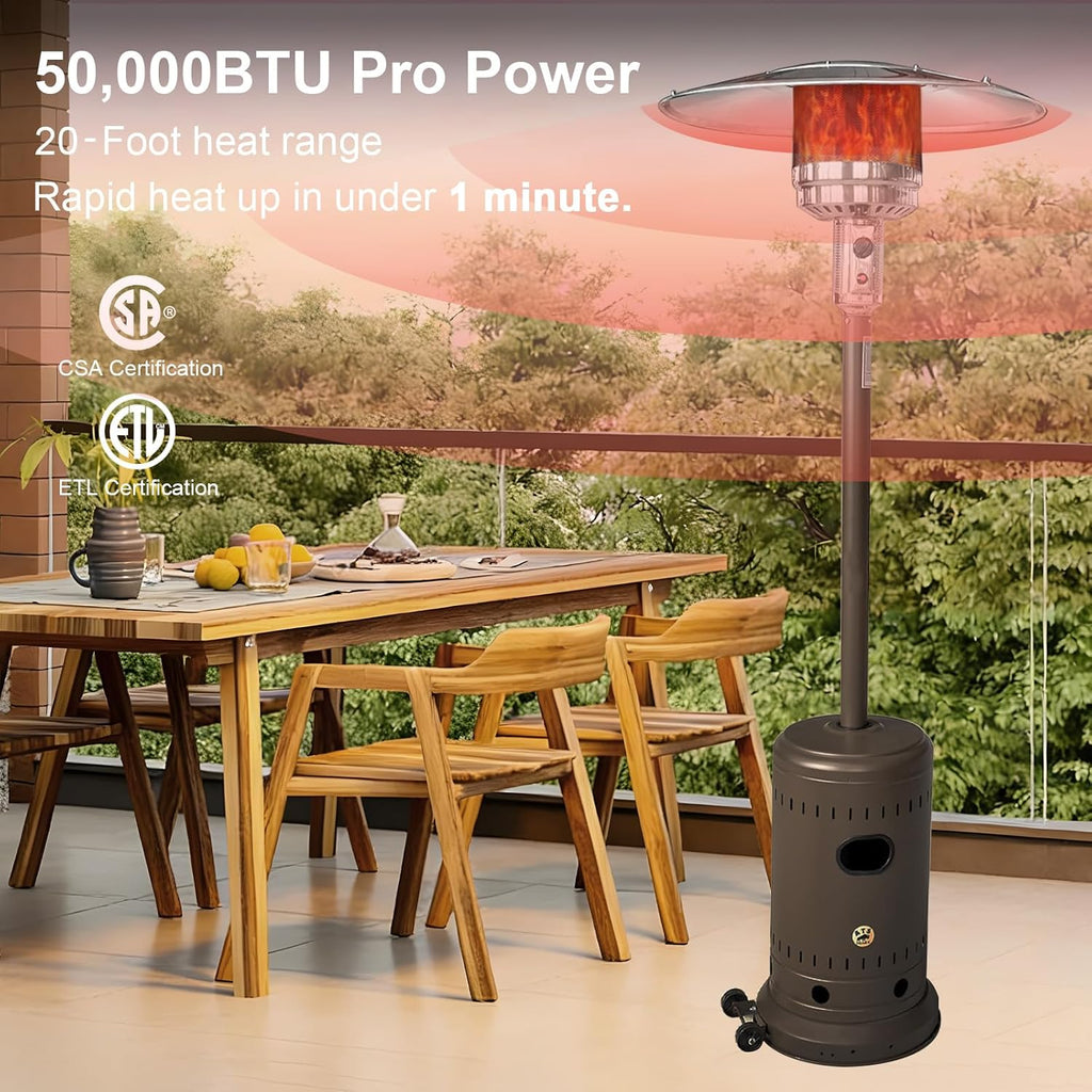 46,000 BTU Outdoor Propane Patio Heater with Wheels, Commercial & Residential, Havana Bronze, 32.5x 32.5 x 91.3