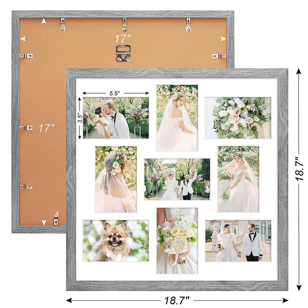 17x17 Collage Frame with 9 Openings 4X6 Pictures, Multiple Picture Frame with Mat, Wall or Tabletop Decor, Grey Wood