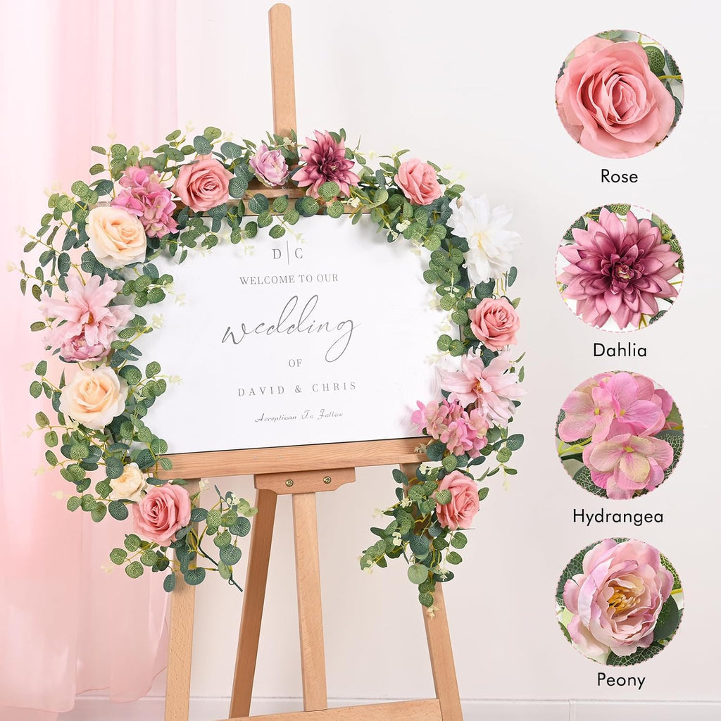 Artificial Flower Garland Decorations, 12.14Ft Eucalyptus Greenery Vines with Pink Roses for Wedding Table - Set of 2