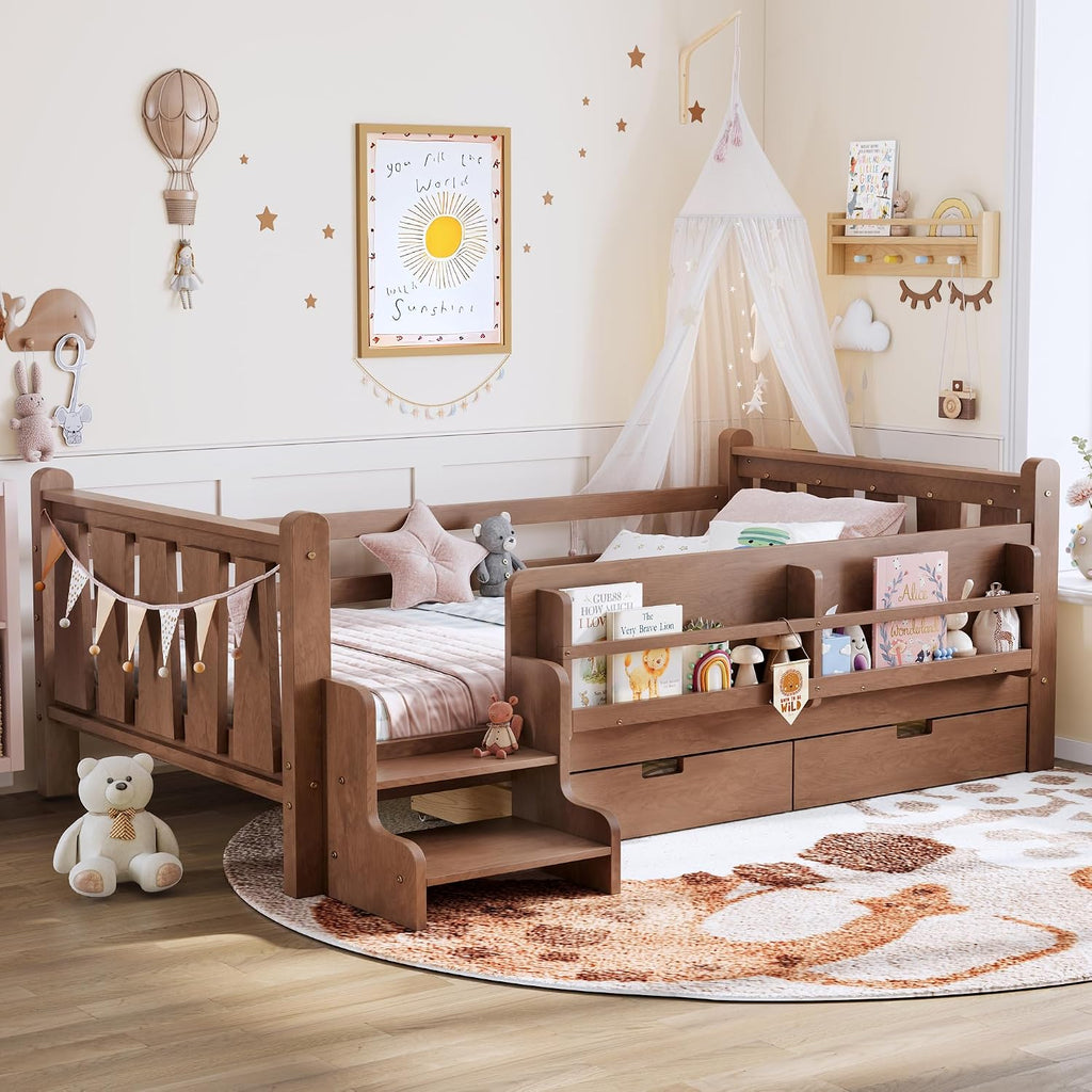 Floor Bed with Storage Bookcase and Drawers, Solid Wood Platform Bed with Guardrails, Cute Stair Design, Low