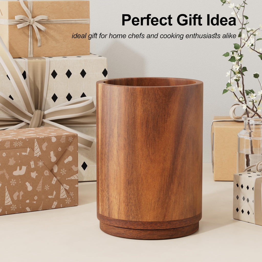 Utensil Holder, 360° Rotating Acacia Wood Kitchen Utensil Holder for Counter, 7.2" Large Cooking Utensil Crock