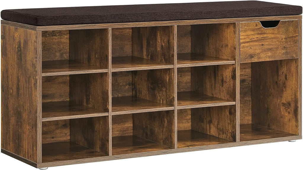 Storage Bench, Entryway Bench with Cushion, Drawer and Open Compartments, Bench with Storage, Living