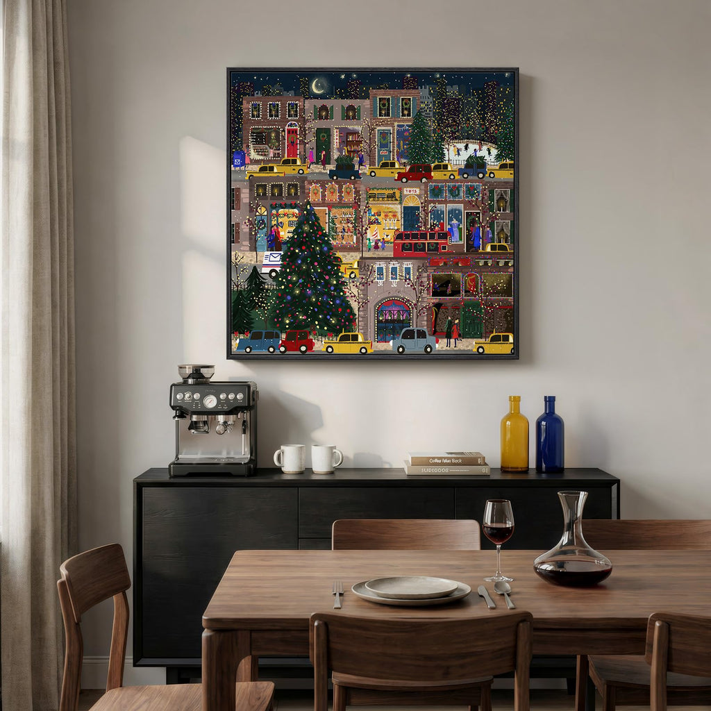 Framed Modern Urban Landscape Wall Art, Square Multi Color Canvas Prints Paintings, Contemporary Cityscape and Trees