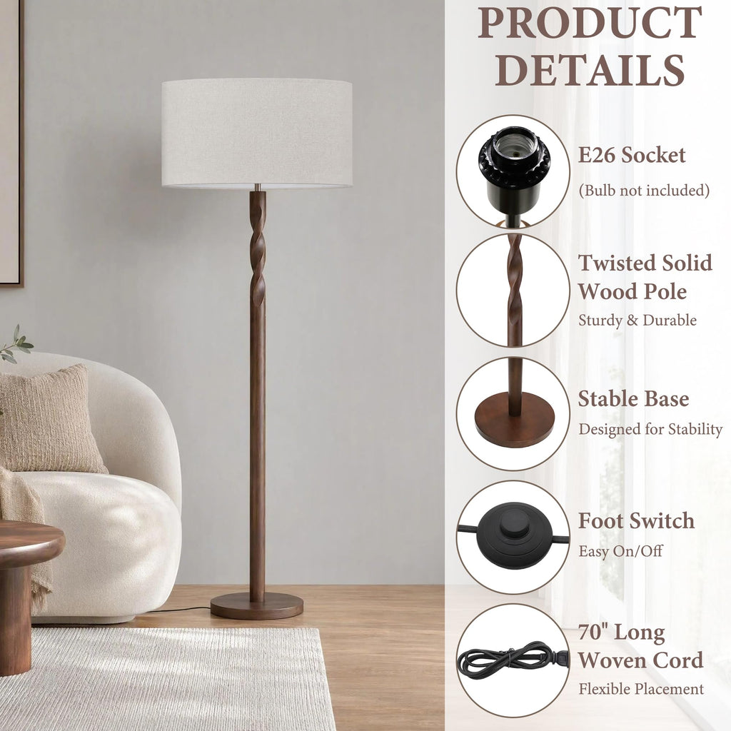 64 Inch Twisted Walnut Wood Floor Lamp with Linen Shade, Cream