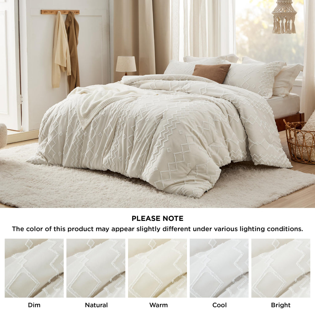 Boho Tufted Comforter Set Queen - Beige Cationic Dyeing Bed Set, 3 Pieces Farmhouse Shabby Chic Embroidery Bedding