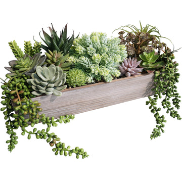 15" Artificial Succulents Plants Arrangement Fake Succulent Plants in Whitewashed Rectangular Wooden Planter Box Faux