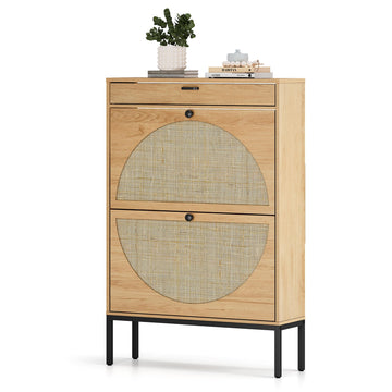 Shoe Cabinet, Natural Semi Circle Rattan Shoe Storage Organizer Cabinet with 2 Flip Drawers, Freestanding Shoe Rack