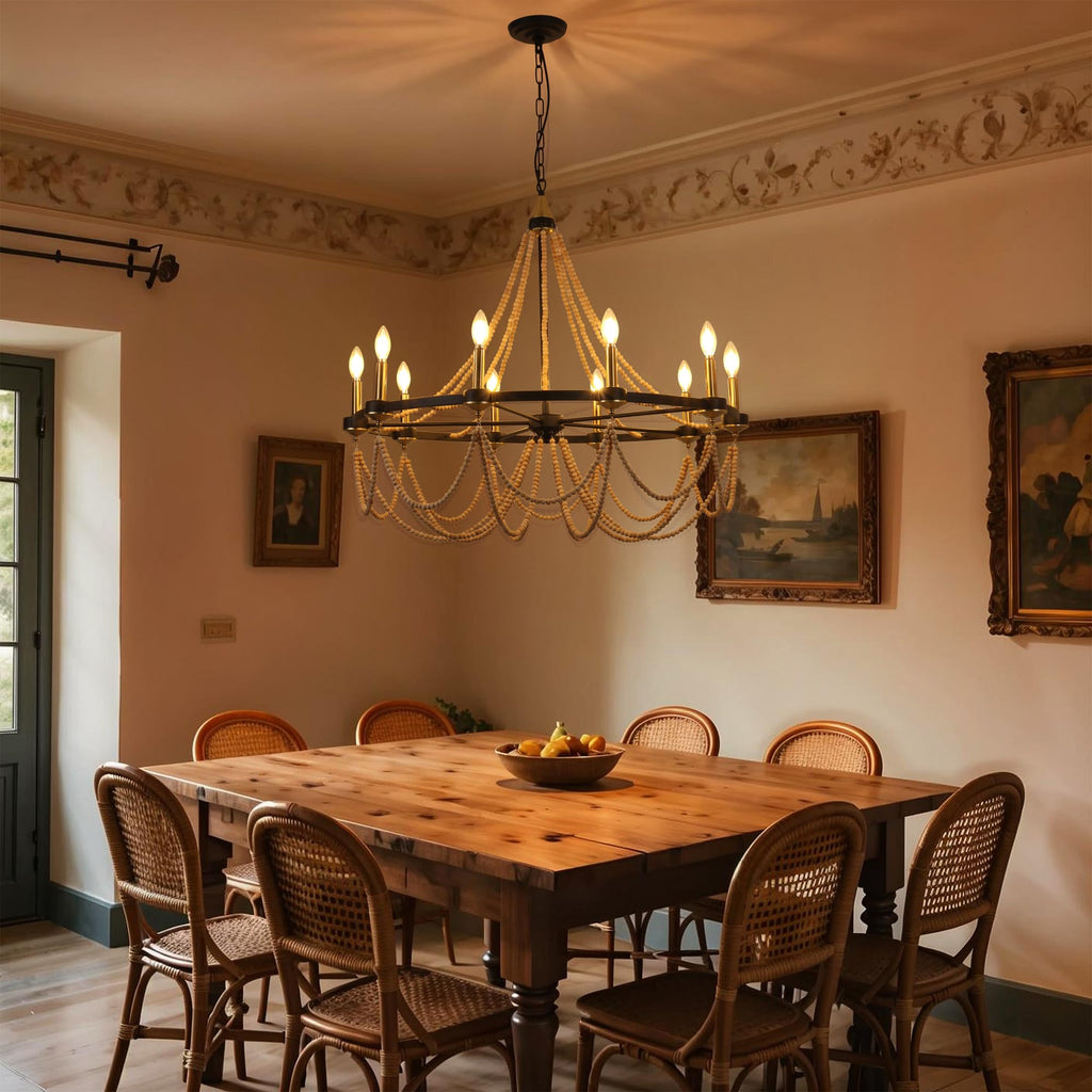 10-Lights Wood Bead Chandelier:Farmhouse Boho Pendant Light Fixture Black