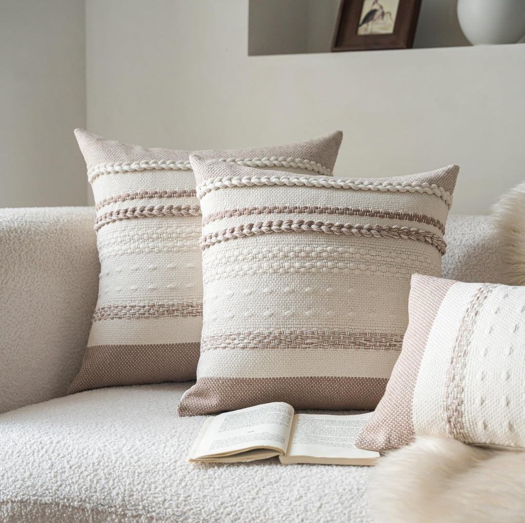Boho Throw Pillow Covers 18x18 Inch Set of 2, Khaki Textured Decorative Couch Pillow Cases for Farmhouse Home Decor