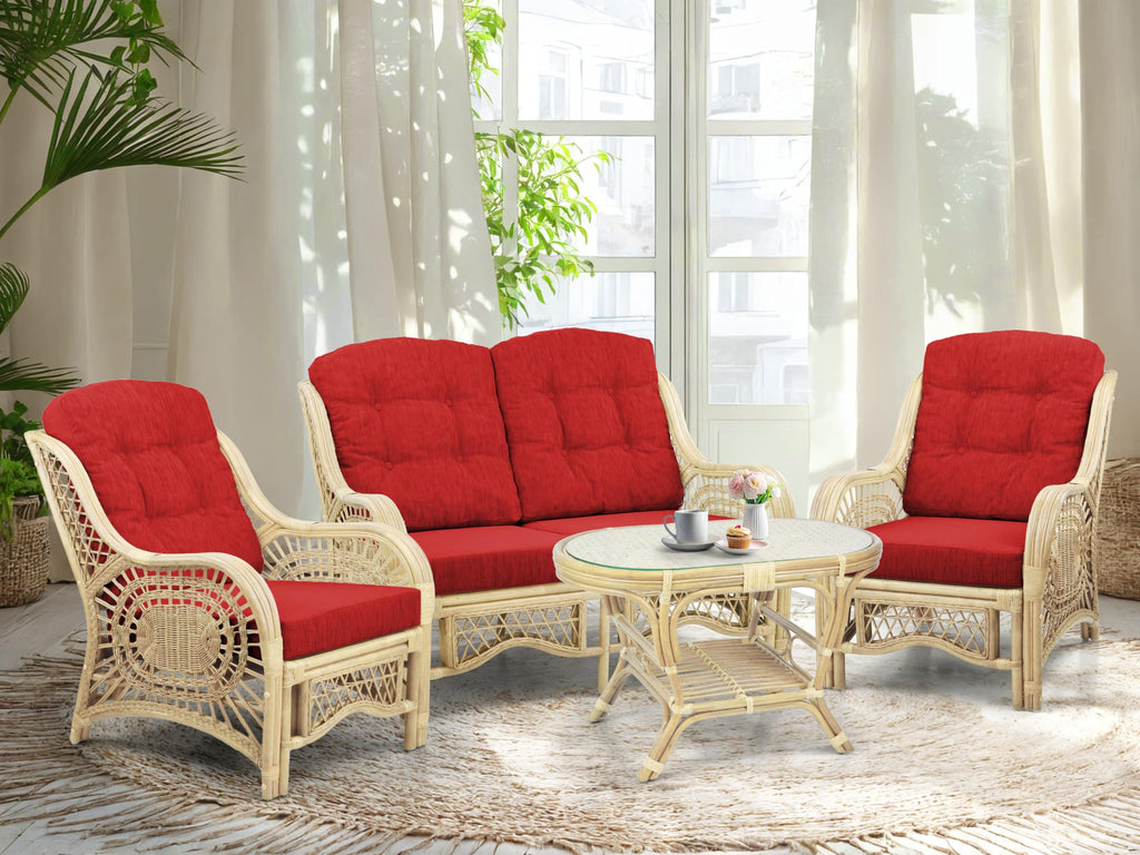 Malibu Lounge Living Accent Armchair Natural Rattan Wicker Handmade Design, Natural Color with Red Cushion