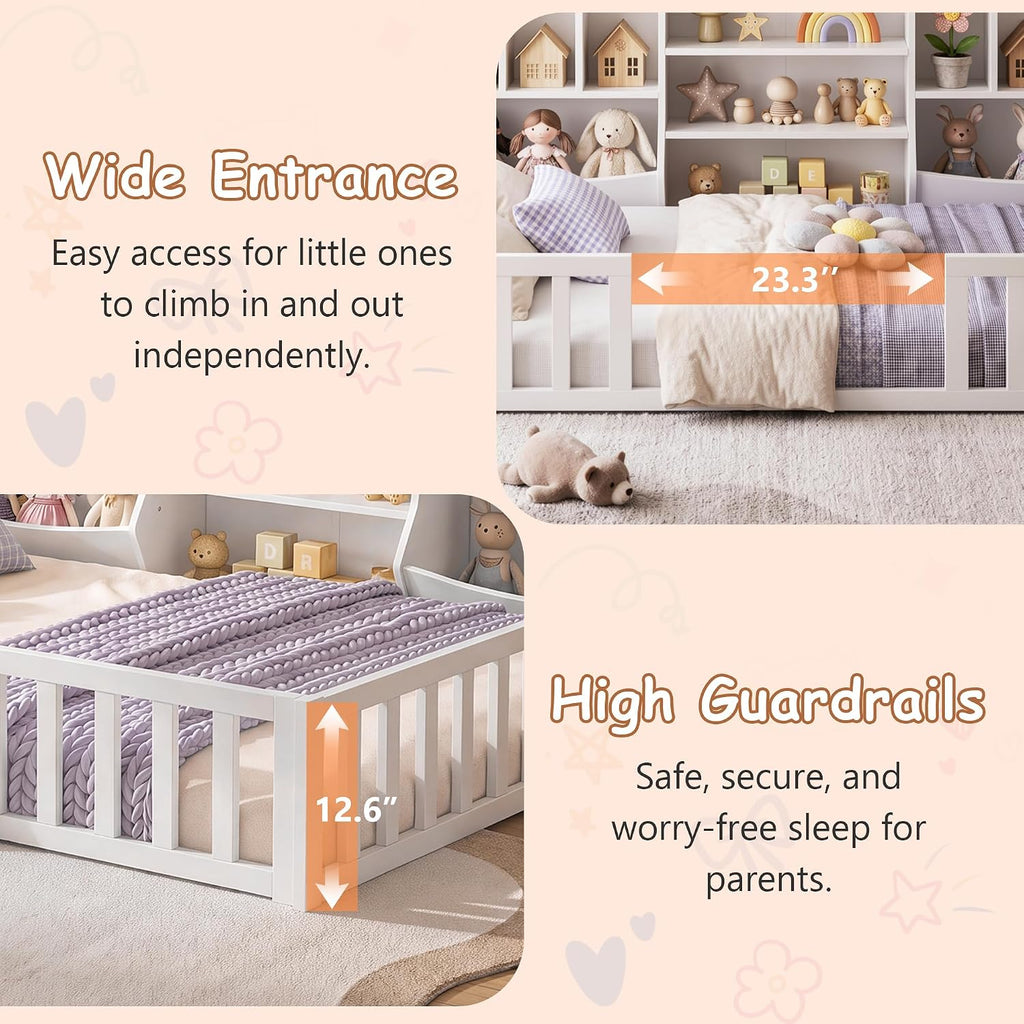 Floor Bed for Kids, Wooden Montessori Bed Frame with Bookcase, Storage Shelves & Safety Fence Rails, Floor Beds