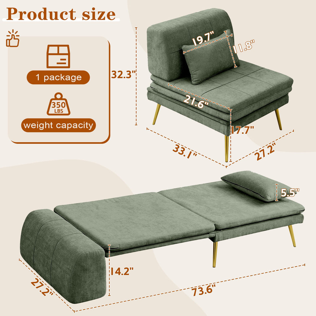 Futon Chair, 3-in-1 Chair Sleeper Bed for Adults with Back Support