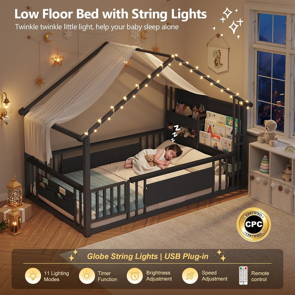 Montessori Floor Bed with Storage Bookshelf and Wood Slats House Floor Bed for Toddlers with Safety